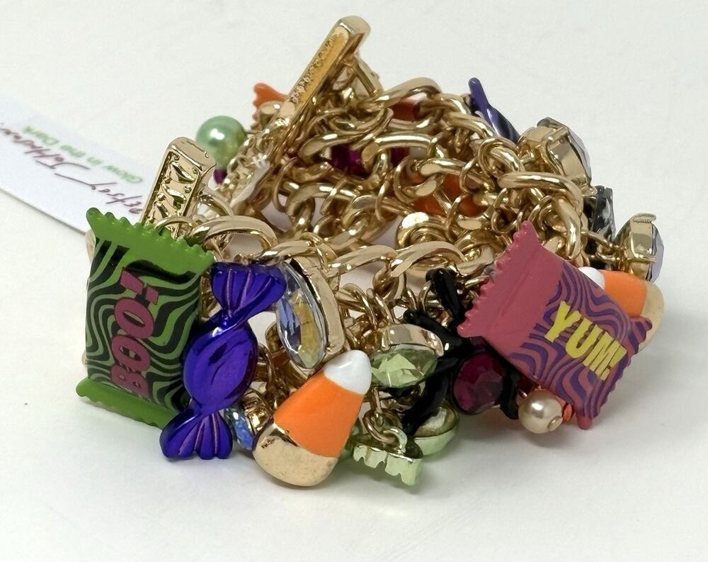 Betsey Johnson Halloween Candy Corn Toggle Bracelet Spider Cat Cuff Wide NWT